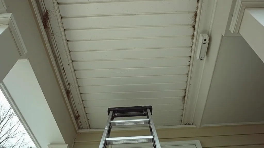 Looking up at a porch soffit strung with cobwebs in the corners, the top of an extension ladder resting against the edge.