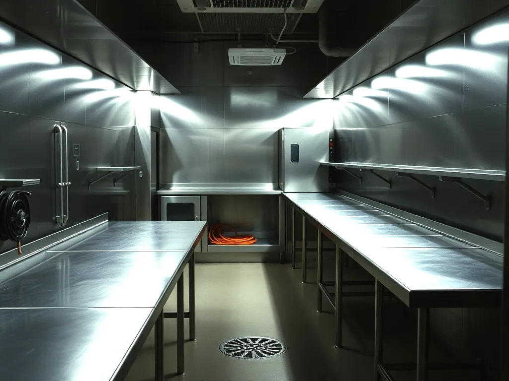 An empty stainless steel commercial kitchen at night, clean prep tables down both sides and a floor drain in the middle of the floor.