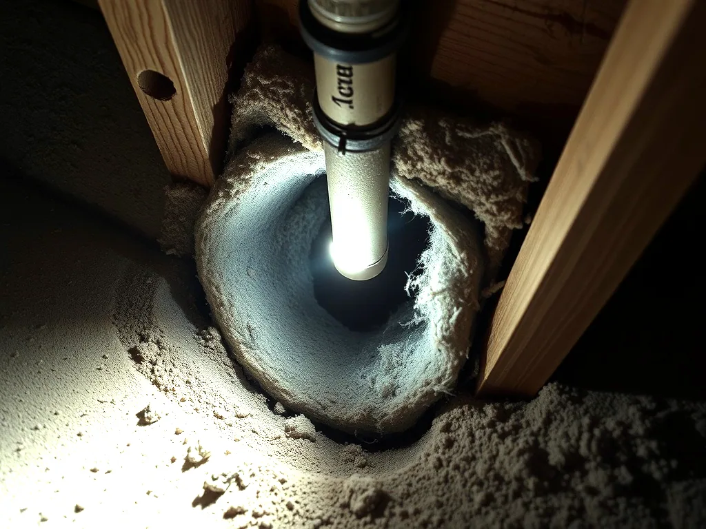 A torch beam thrown into a gap where a pipe passes through a foundation wall, dusty joists and insulation packed around the opening.