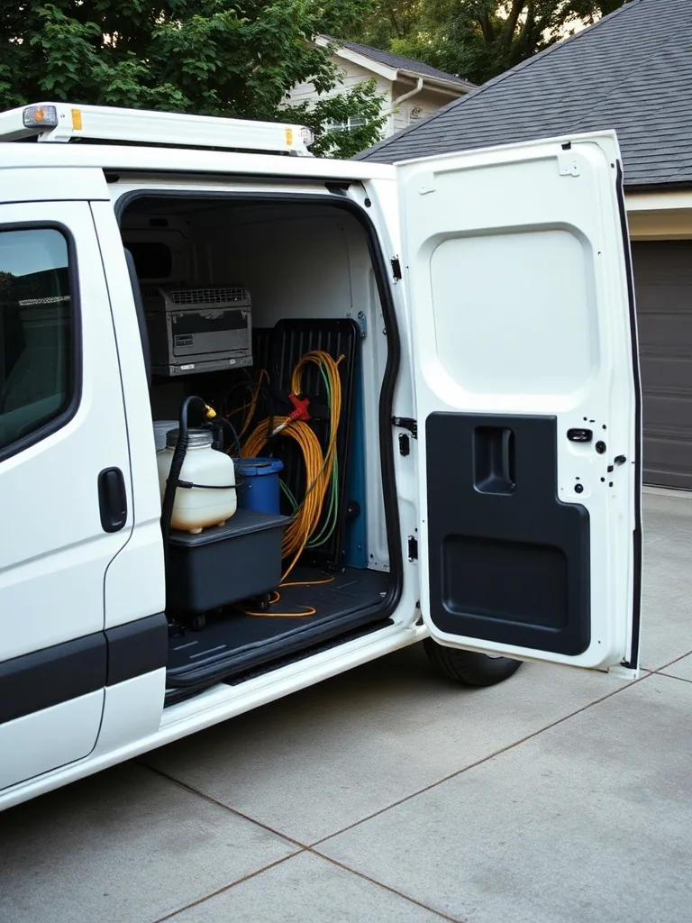 An unmarked white service van on a driveway with its side door open on a rack of sprayers, coiled hose and tool boxes.